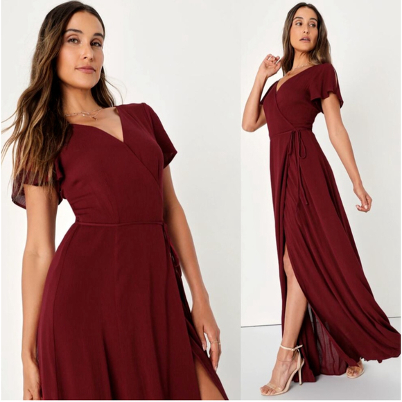 Lulus Burgundy Heart of Marigold Wrap Dress Maxi Vneck Size Small NWT - Picture 2 of 9